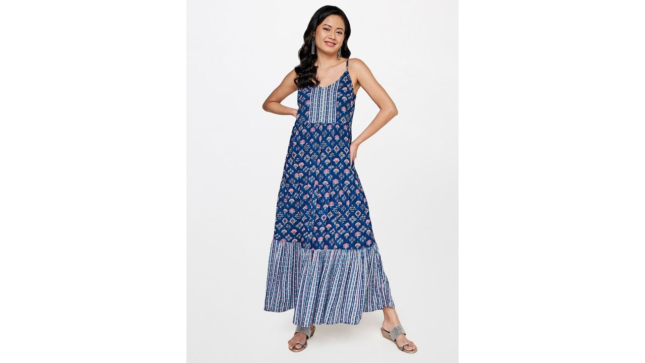 Global Desi Women Blue Ethnic Motifs Maxi Dress