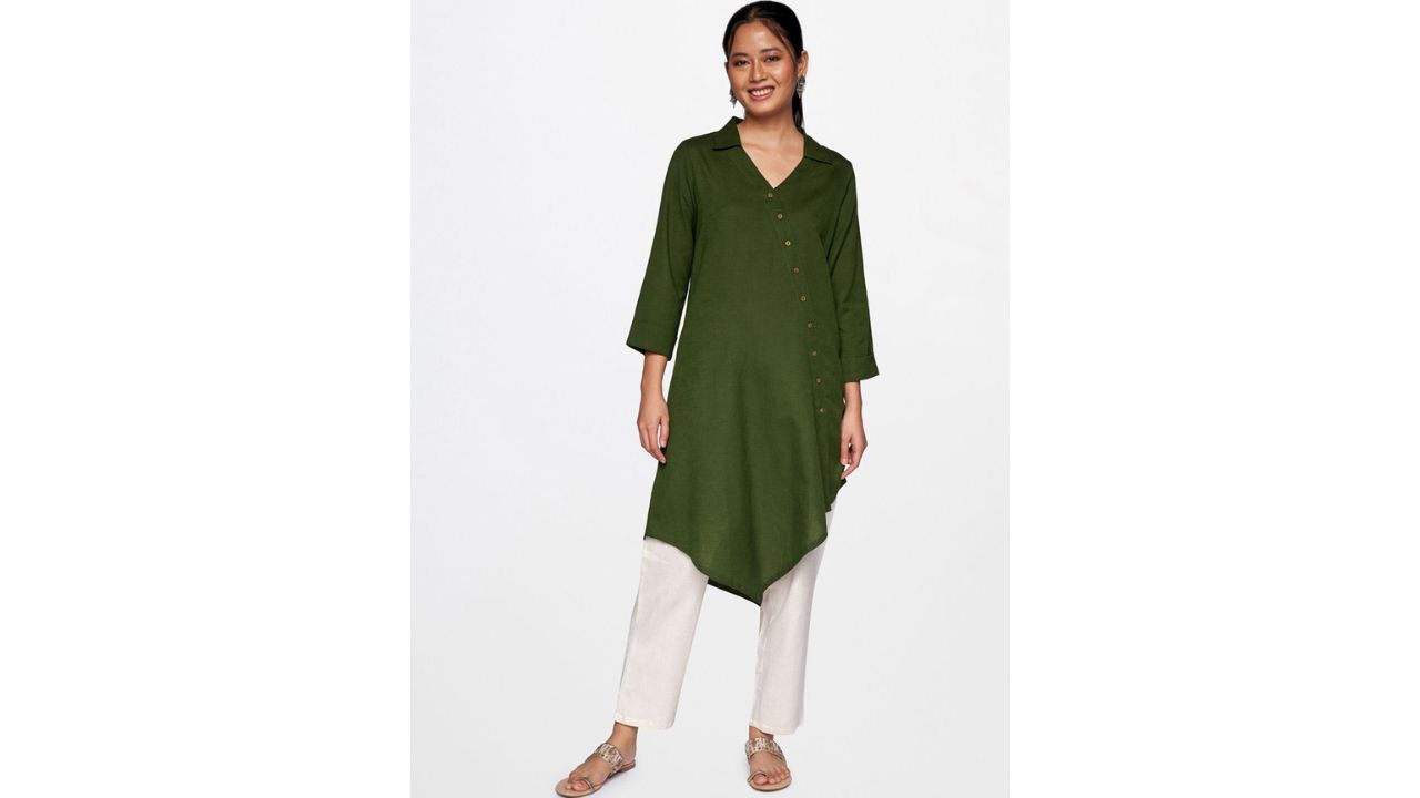 Global Desi Women Olive Green Solid Asymmetric Hem Kurta