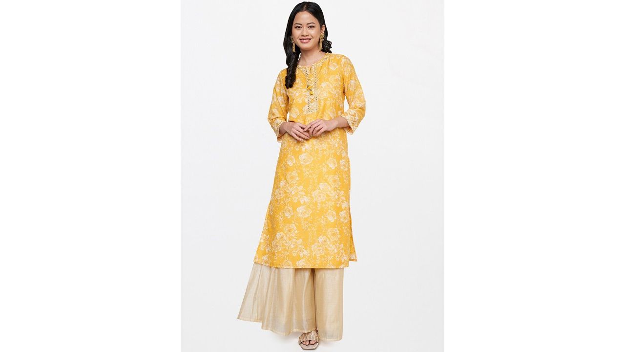 Global Desi Women Yellow Floral Printed Thread Work Kurta