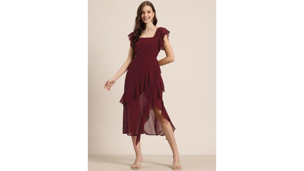 HERE&NOW Flutter Sleeves Ruffled Side Slit Fit and Flare Midi Dress