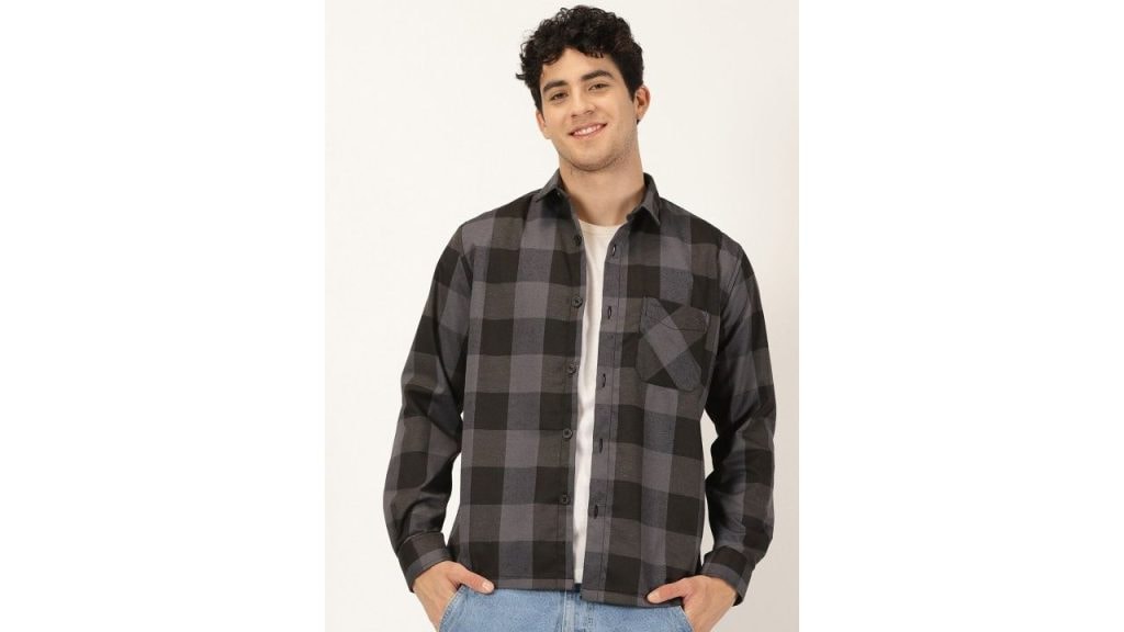 HERE&NOW Grey Smart Buffalo Checked Twill Casual Shirt