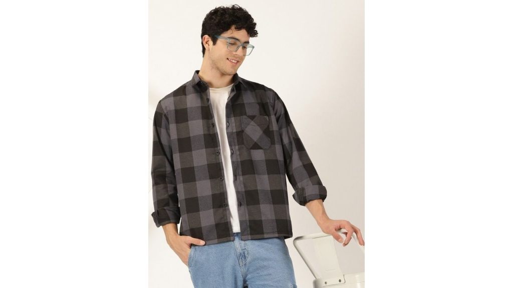 HERE&NOW Grey Smart Buffalo Checked Twill Casual Shirt (Yes, Again)