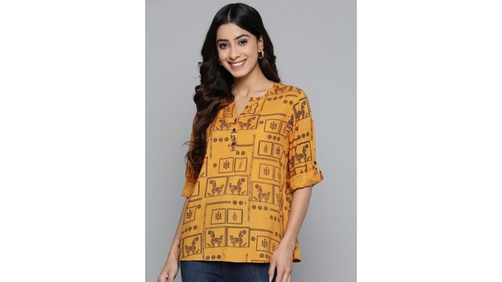HERE&NOW Printed Mandarin Collar Roll-Up Sleeves Bohemian Longline Top