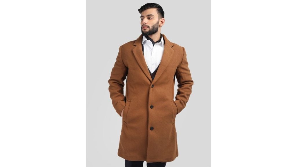 HONNETE Men Solid Notched Lapel Collar Single-Breasted Trenchcoat
