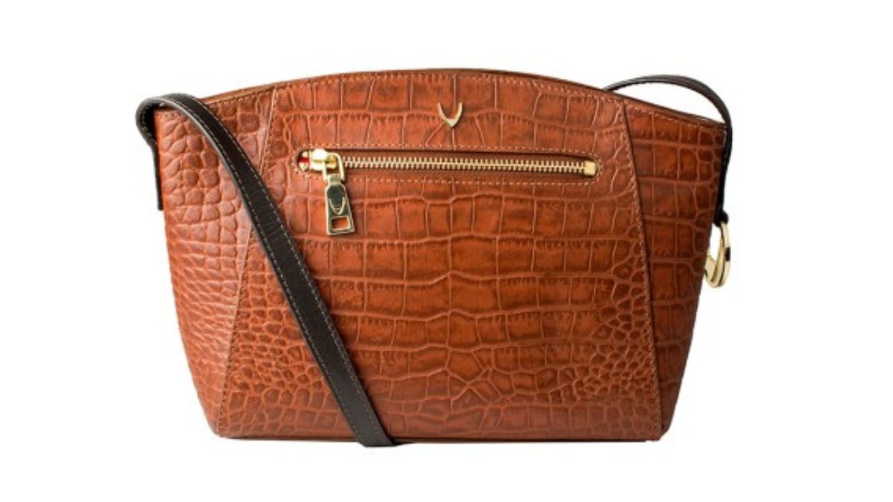Hidesign Tan Brown Crocodile Skin Textured Leather Sling Bag