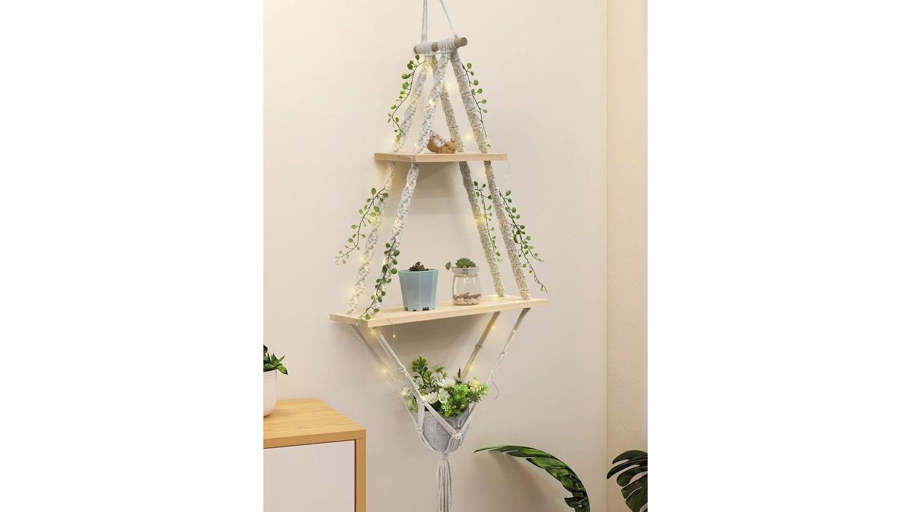 Homesake White Macrame Hanging Wall Shelf With Attached 3-Tier Floating Wooden Planks