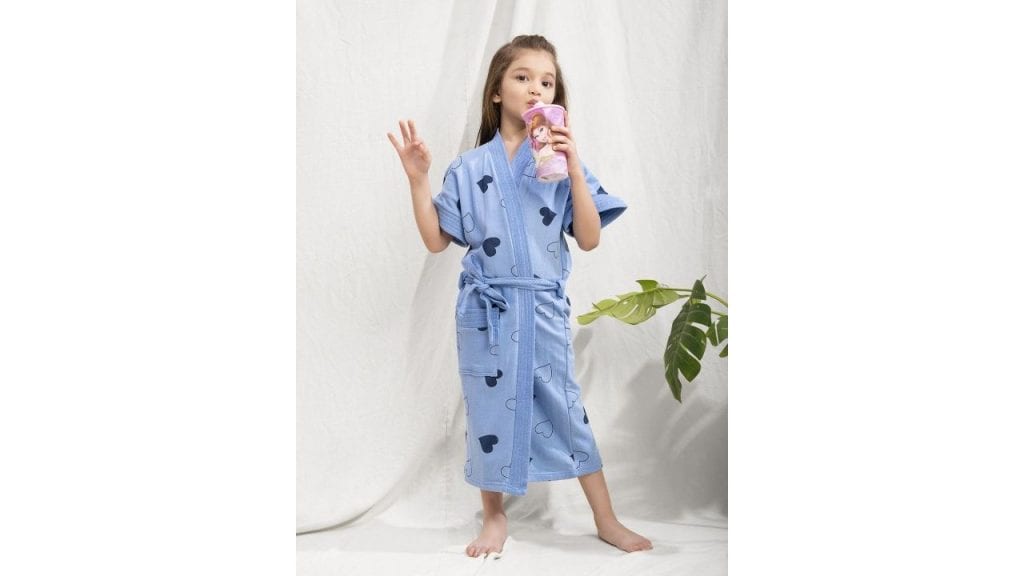 HotGown Kids Blue & Navy Blue Love Hearts Printed Terry Cotton Bath Robe