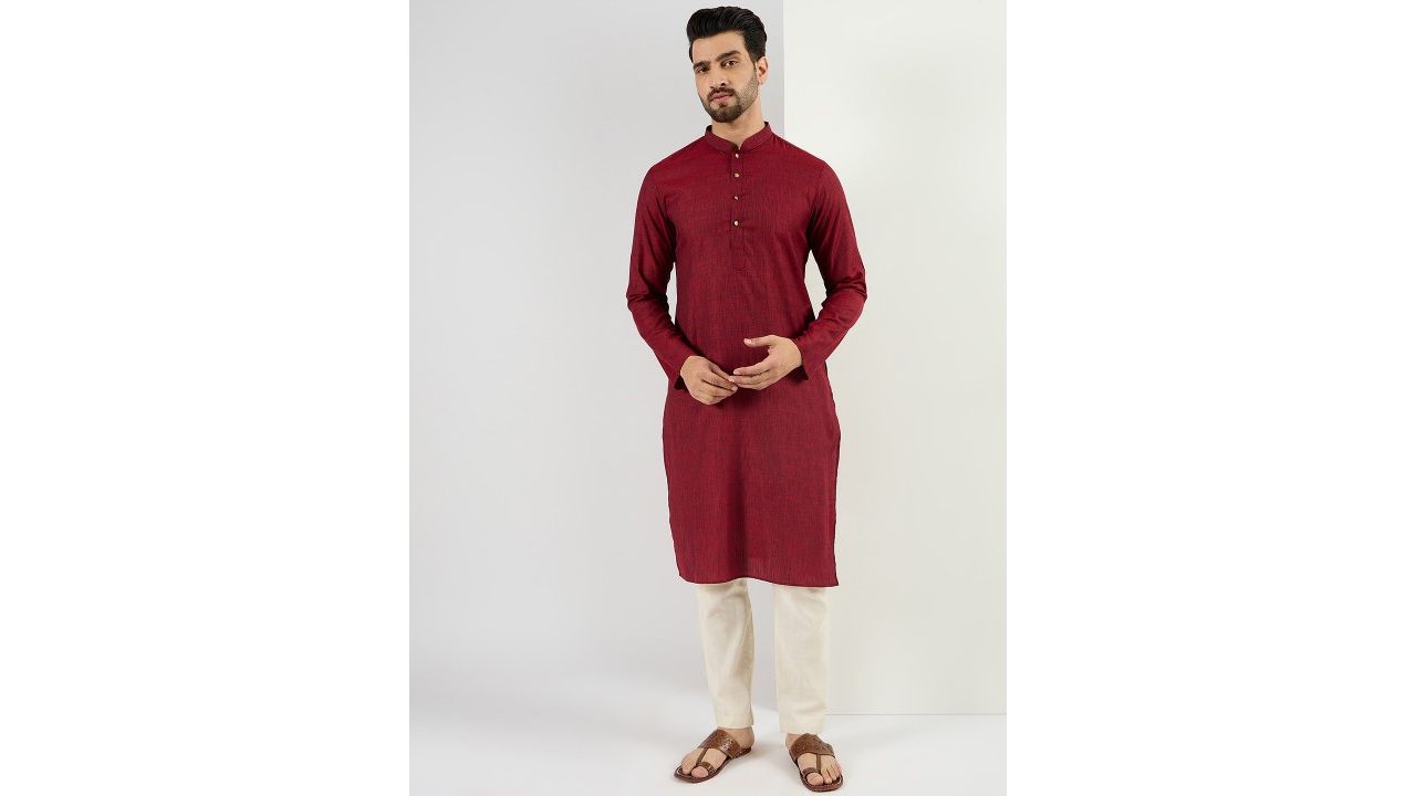 House of Pataudi Mandarin Collar Cotton Straight Kurta