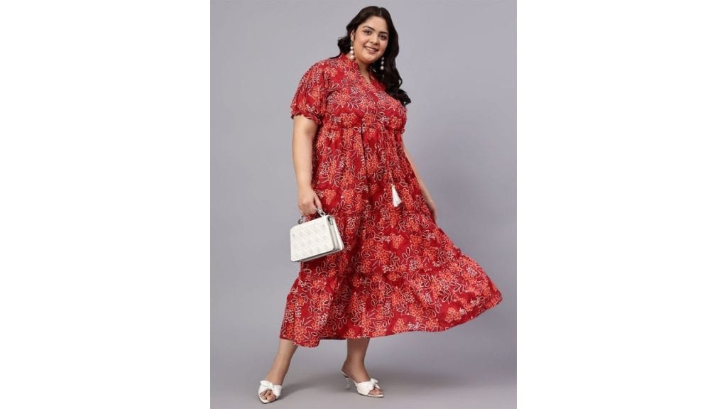 IndietogaWomen's Plus Size Floral Printed Puff Sleeve Fit & Flare Maxi Dress with Pockets