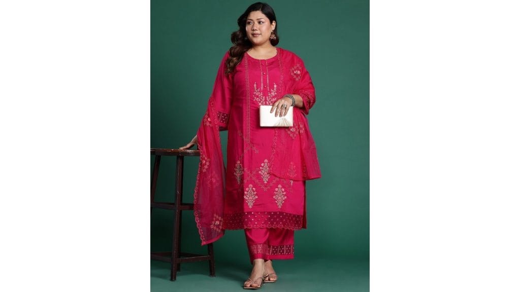 Indo Era Plus Size Ethnic Motifs Embroidered Mirror Work Kurta Set