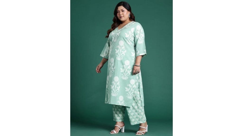 Indo Era Plus Size Floral Embroidered Mirror Work Pure Cotton Kurta Set