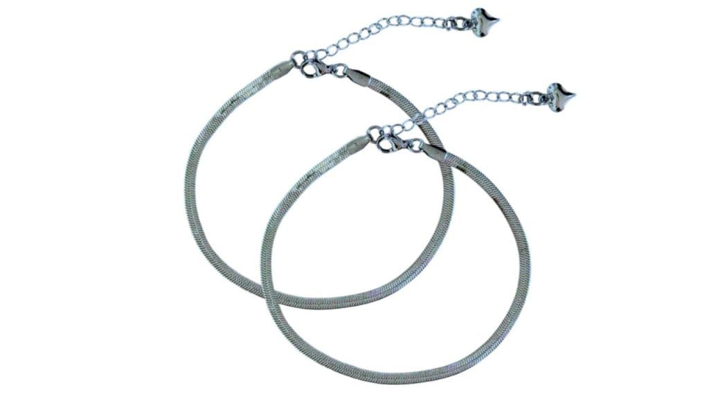 JEWILLEYSet Of 2 Stainless Steel Silver-Plated Anti-Tarnish Waterproof Chain Anklets