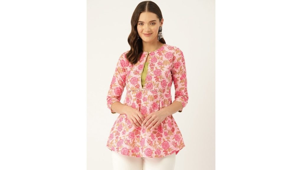 Jaipur MorniFloral Printed Sequinned Pure Cotton Pleated Kurti