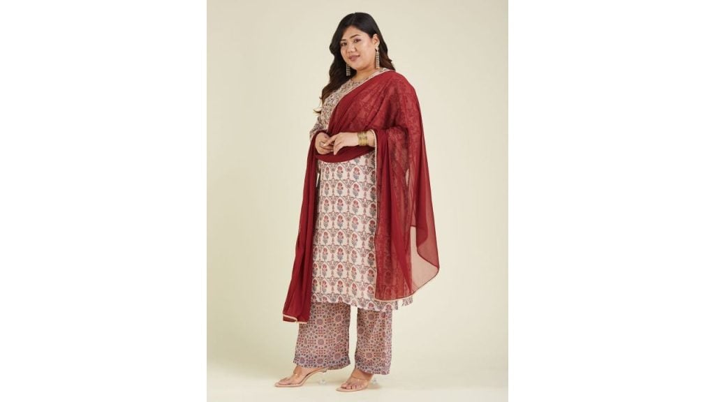 Janasya Women Plus Size Georgette Embroidered Ajrakh Printed Straight Kurta Sets