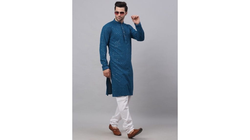 JompersMen Ethnic Motifs Embroidered Pure Cotton Kurta with Churidar
