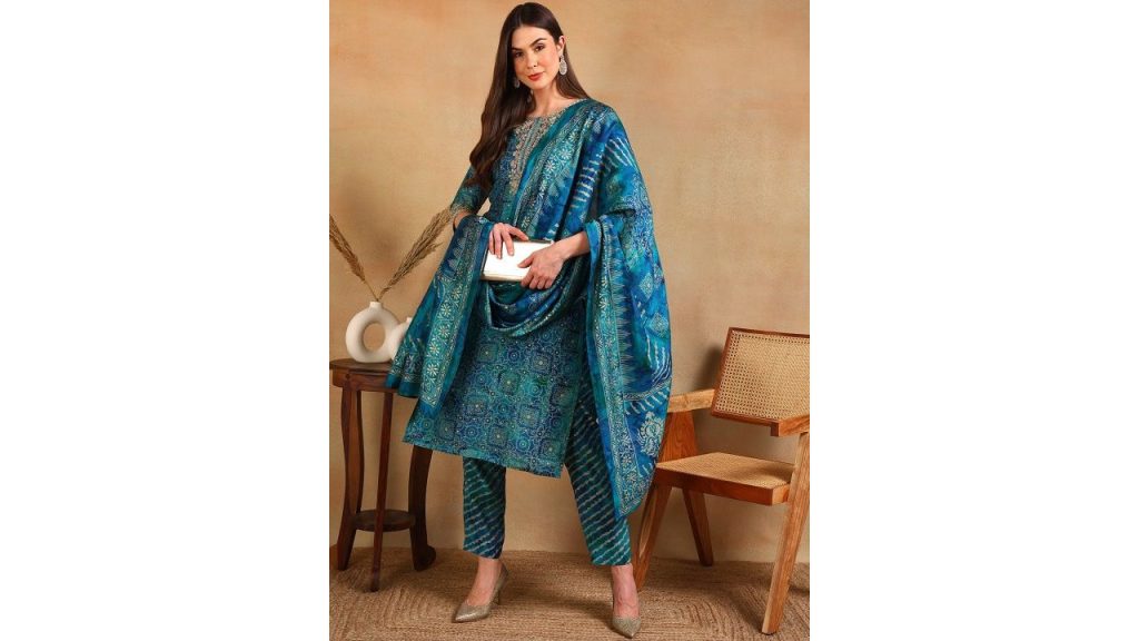 KALINI Ethnic Motifs Printed Thread Work Straight Kurta With Trouser & Dupatta