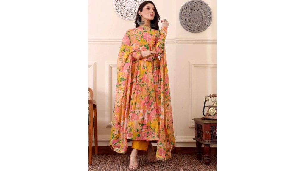 KALINIFloral Printed Anarkali Kurta with Trousers & With Dupatta