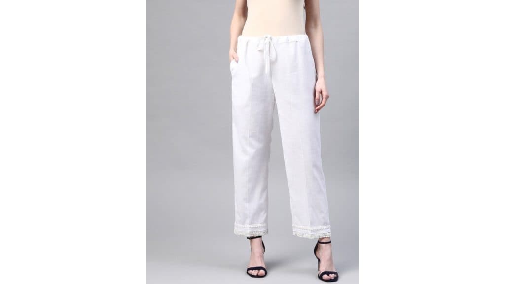 Laado - Pamper Yourself Women White Hem Design Cotton Handloom Straight Sustainable Palazzos