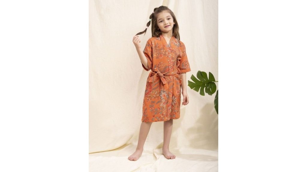 LacyLook Girls Orange-Coloured and Grey Floral Printed Pure Cotton Waffle Bathrobe