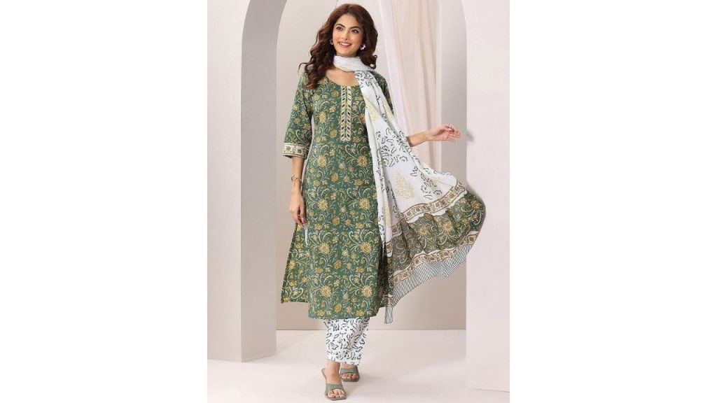 Libas Floral Printed Sequinned Kurta with Salwar and Dupatta