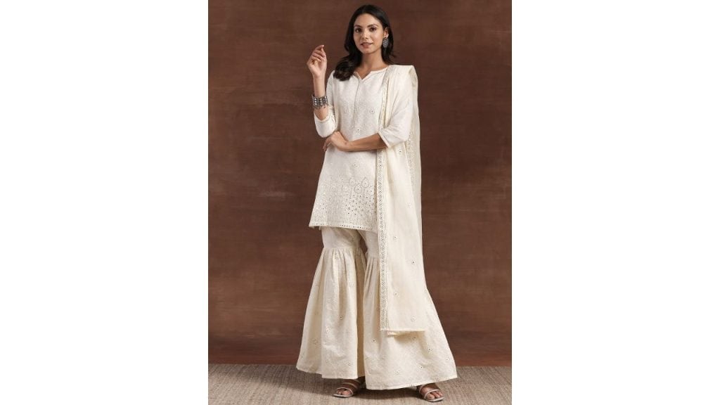 Libas Floral Yoke Design Sequinned Kurta with Sharara & Dupatta