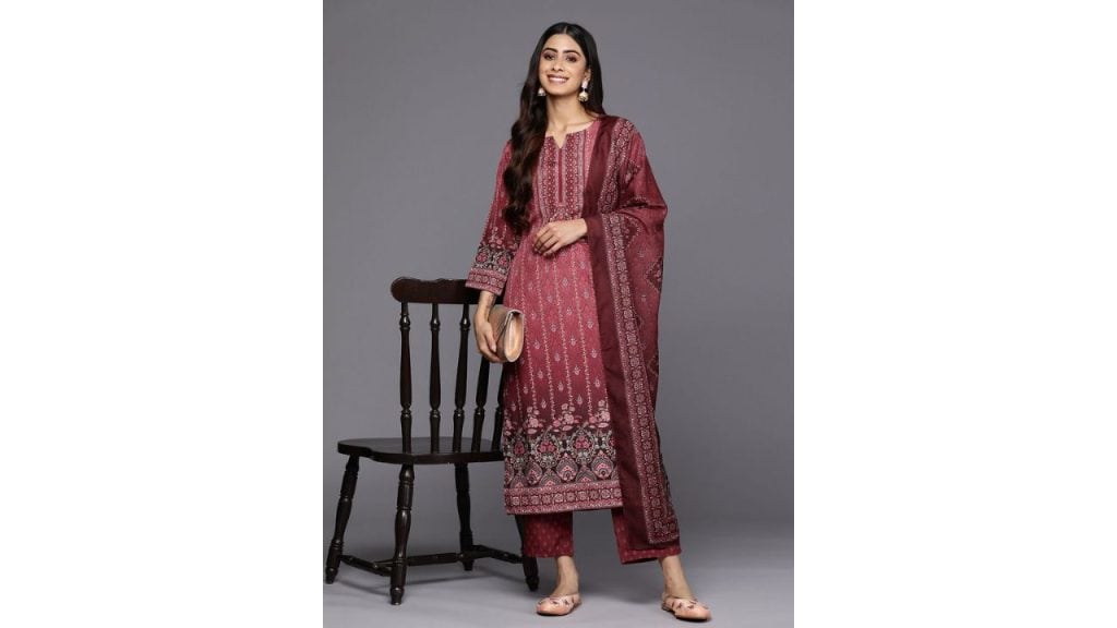 Libas Maroon Floral Printed Kurta with Trousers & Dupatta