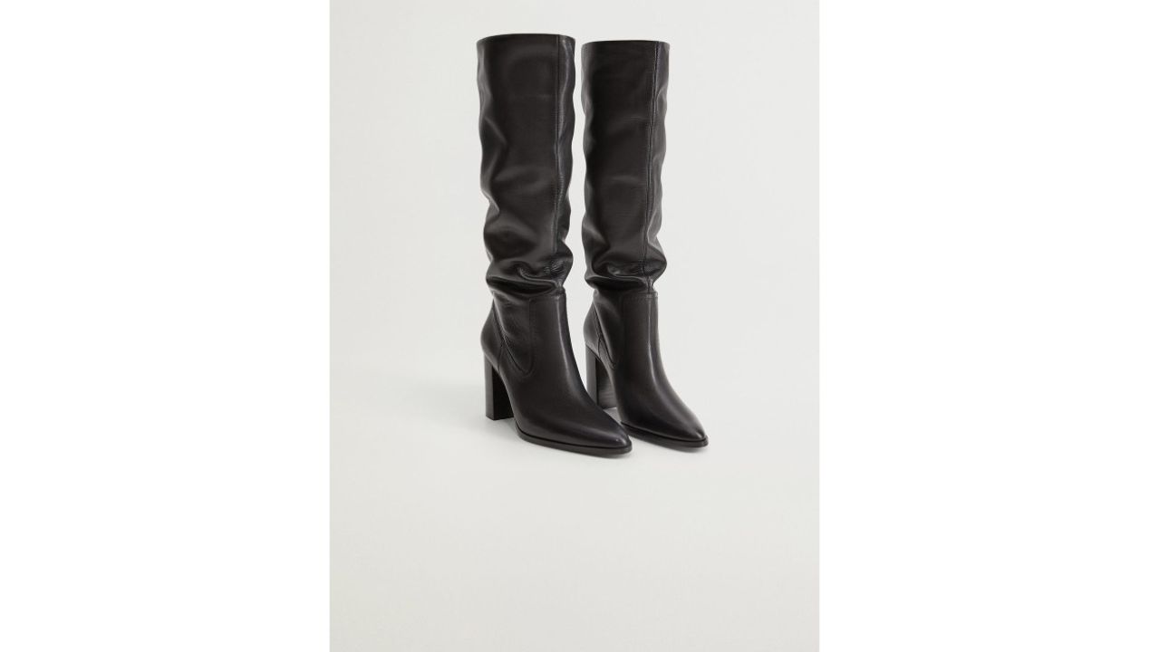 MANGO Black Solid Leather High-Top Block Heeled Boots