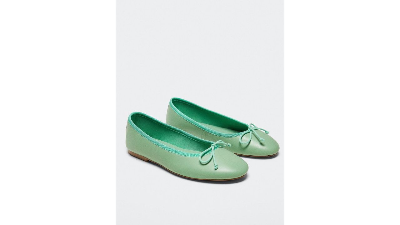 MANGO Women Mint Green Solid Ballerinas with Bow Upper