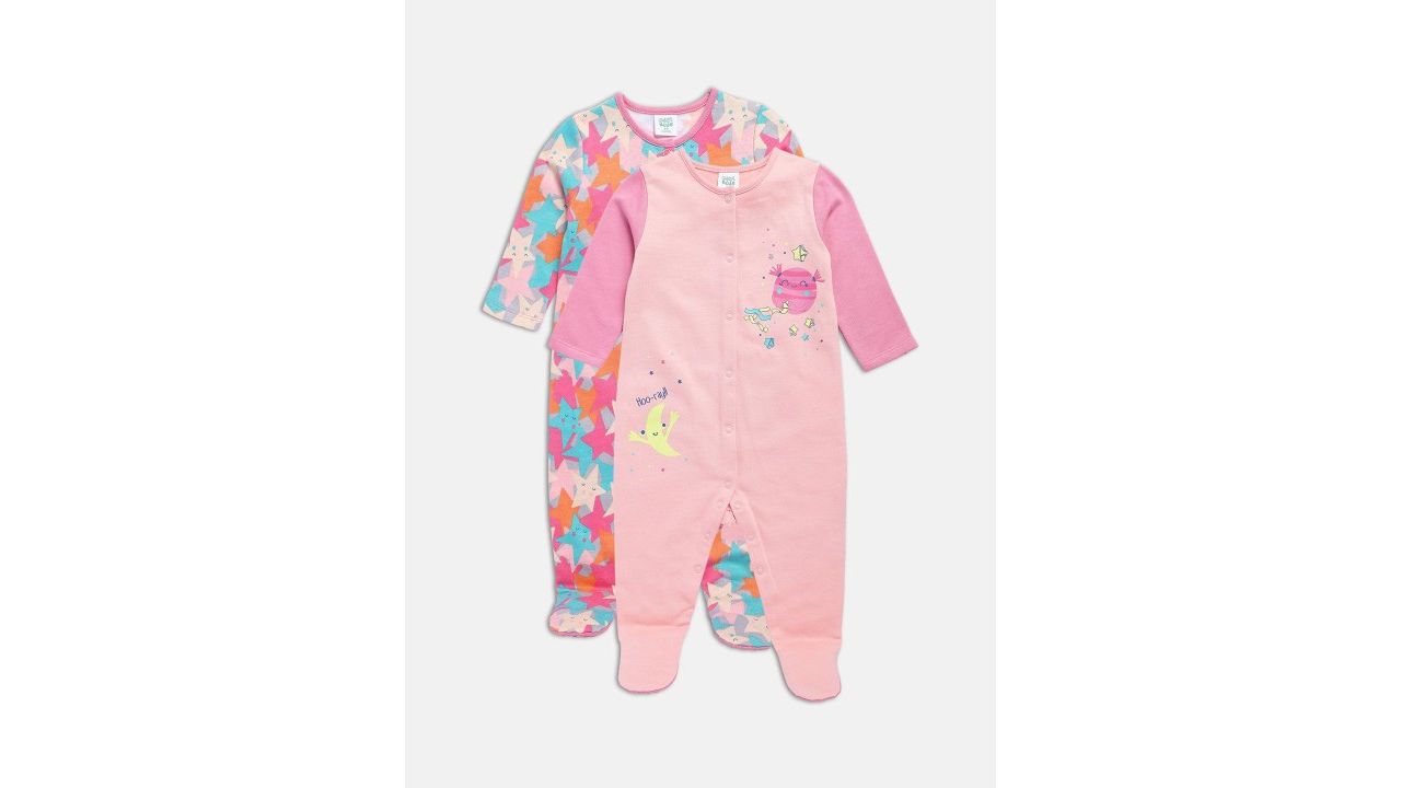 MINI KLUB Infant Girls Pack Of 2 Self-Designed Pure Cotton Sleepsuits