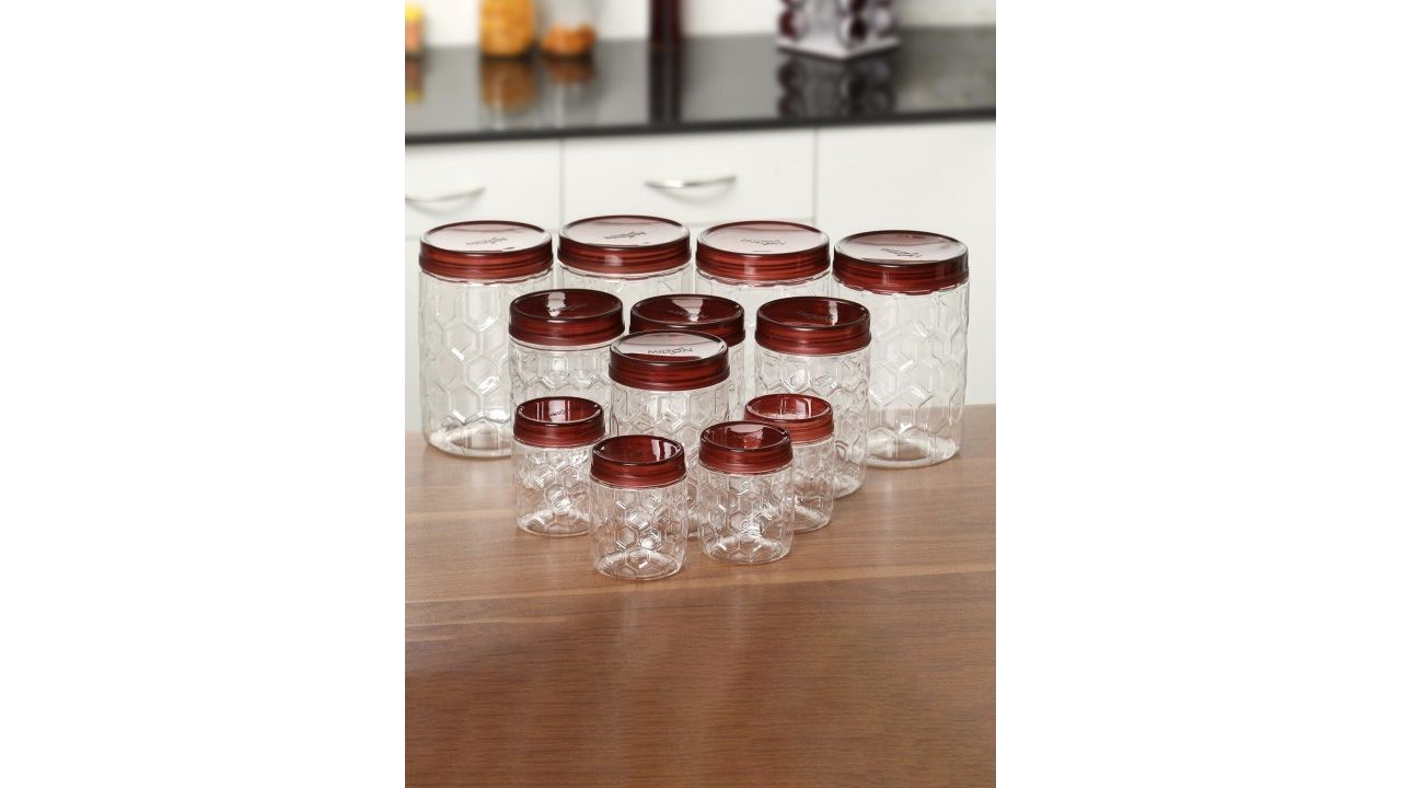 Milton Set Of 12 Brown Hexa Pet Jar - 4 Pcs x 270 ml 4 Pcs x 665 ml 4 Pcs x 1.24 L