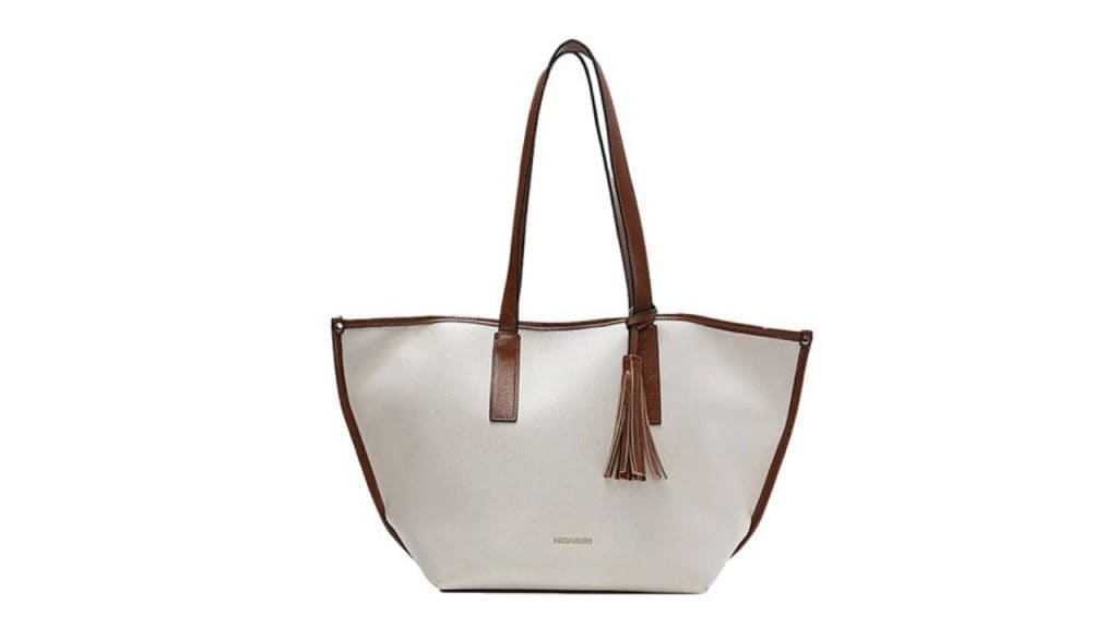 Miraggio White & Brown Solid Tasselled Tote Bag