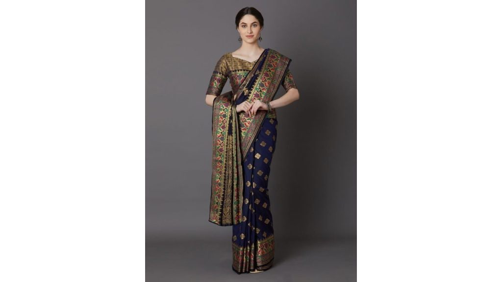 Mitera Navy Blue & Gold-Toned Silk Blend Banarasi Saree