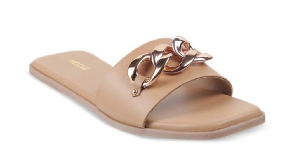 Mochi Women Beige Embellished Open-Toe Flats
