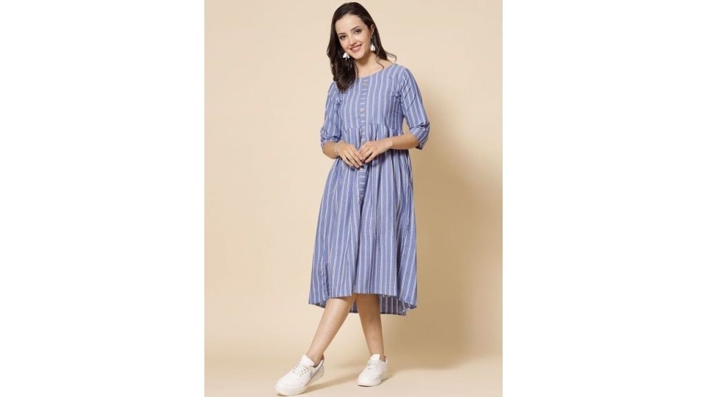 Moda Rapido Striped Round Neck Pure Cotton Fit & Flare Ethnic Dress
