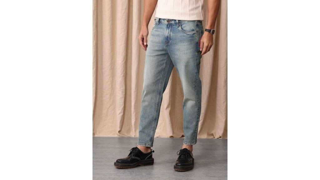 Mr Bowerbird Men Tapered Fit Mid-Rise Heavy Fade Printed Cropped Stretchable Jeans