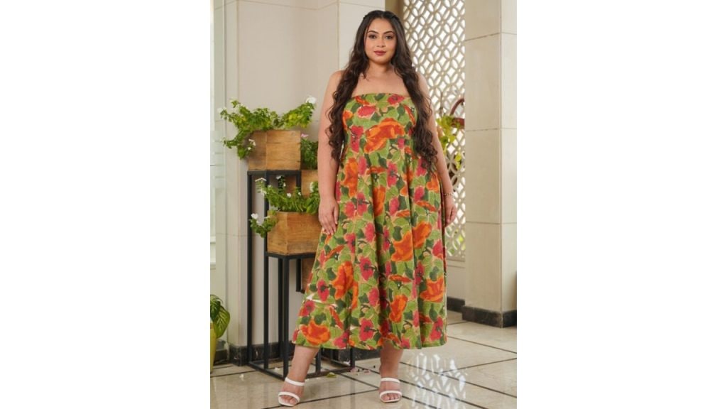 NANGALIA RUCHIRAPlus Size Green & Orange Floral Printed Cotton Dress