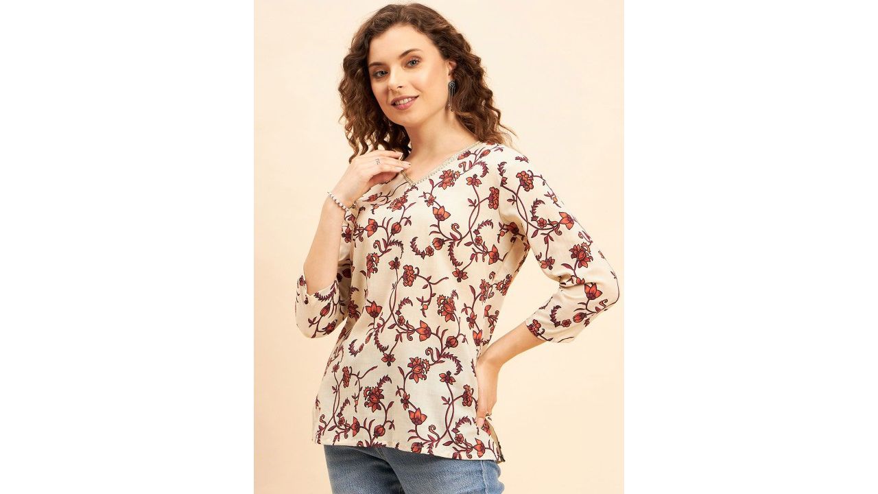 NEESH Women Floral Printed V-Neck Pure Cotton Straight Kurti