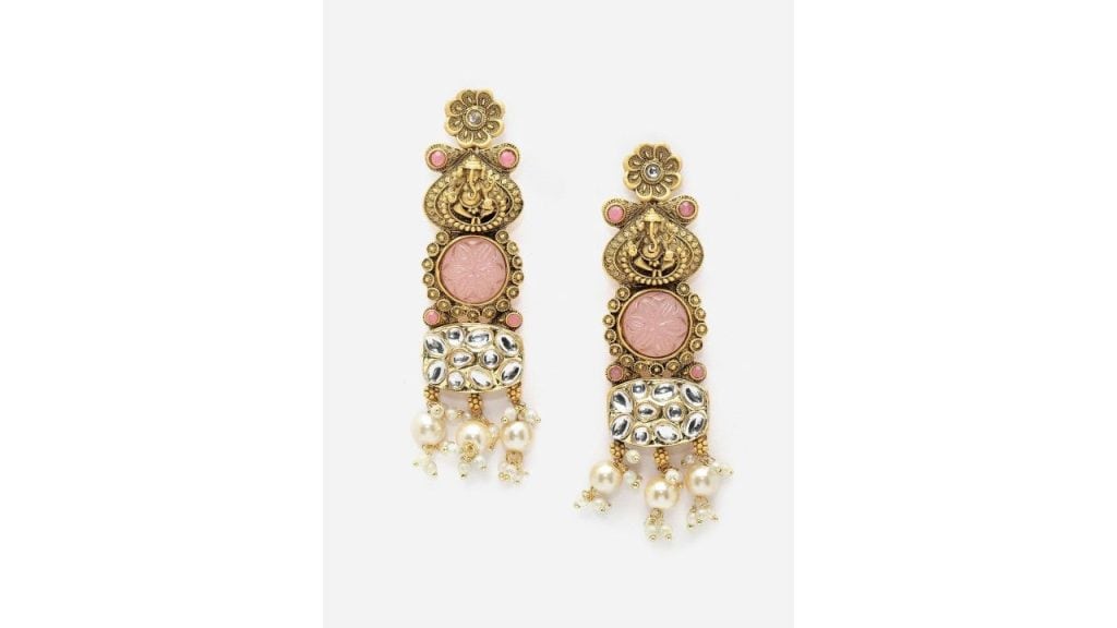 PANASH Gold Plated Kundan Studded & Beaded Drop Earrings