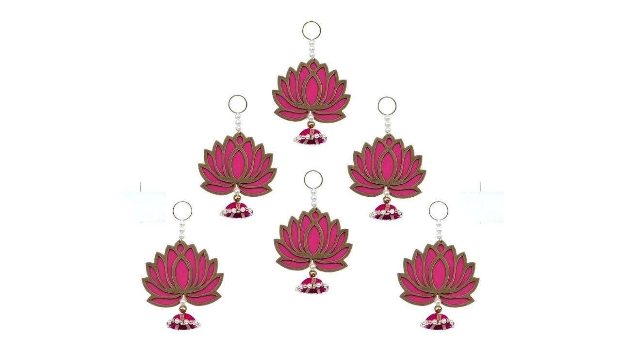 Perpetual 6 Pieces Pink & Yellow Wooden Lotus Toran Hangings