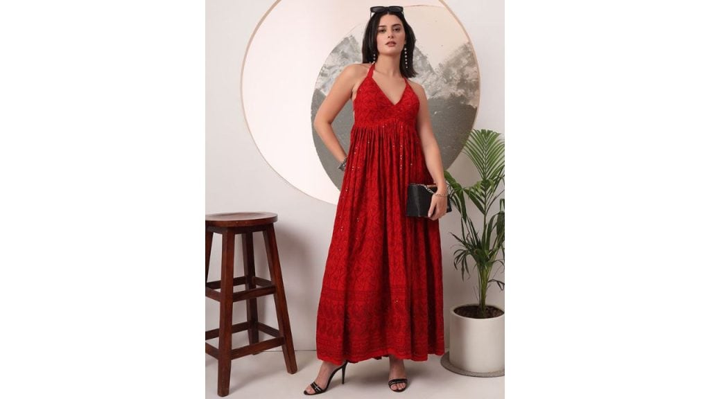 Prenea Women Ethnic Motifs Embroidered Halter Neck Gown Maxi Dress