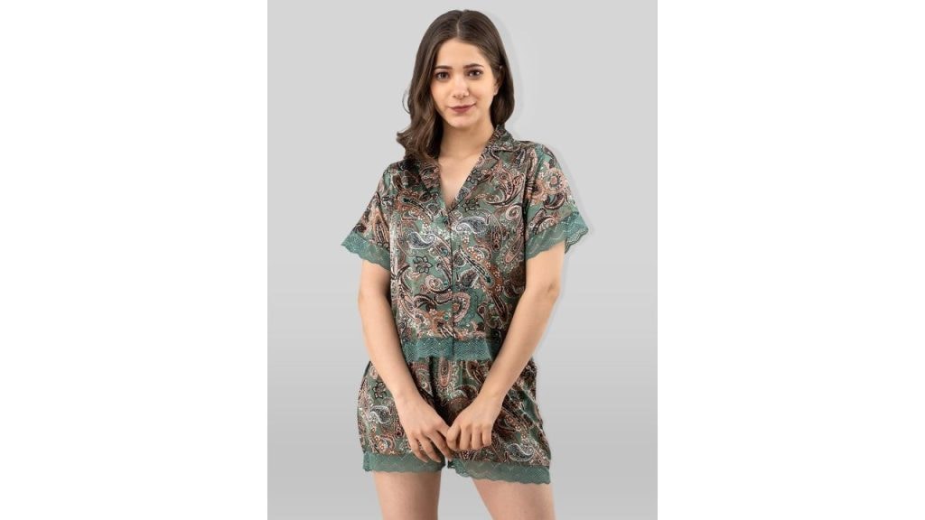 Pretty Loving Thing Olive Green & Brown Printed Satin Night Suit