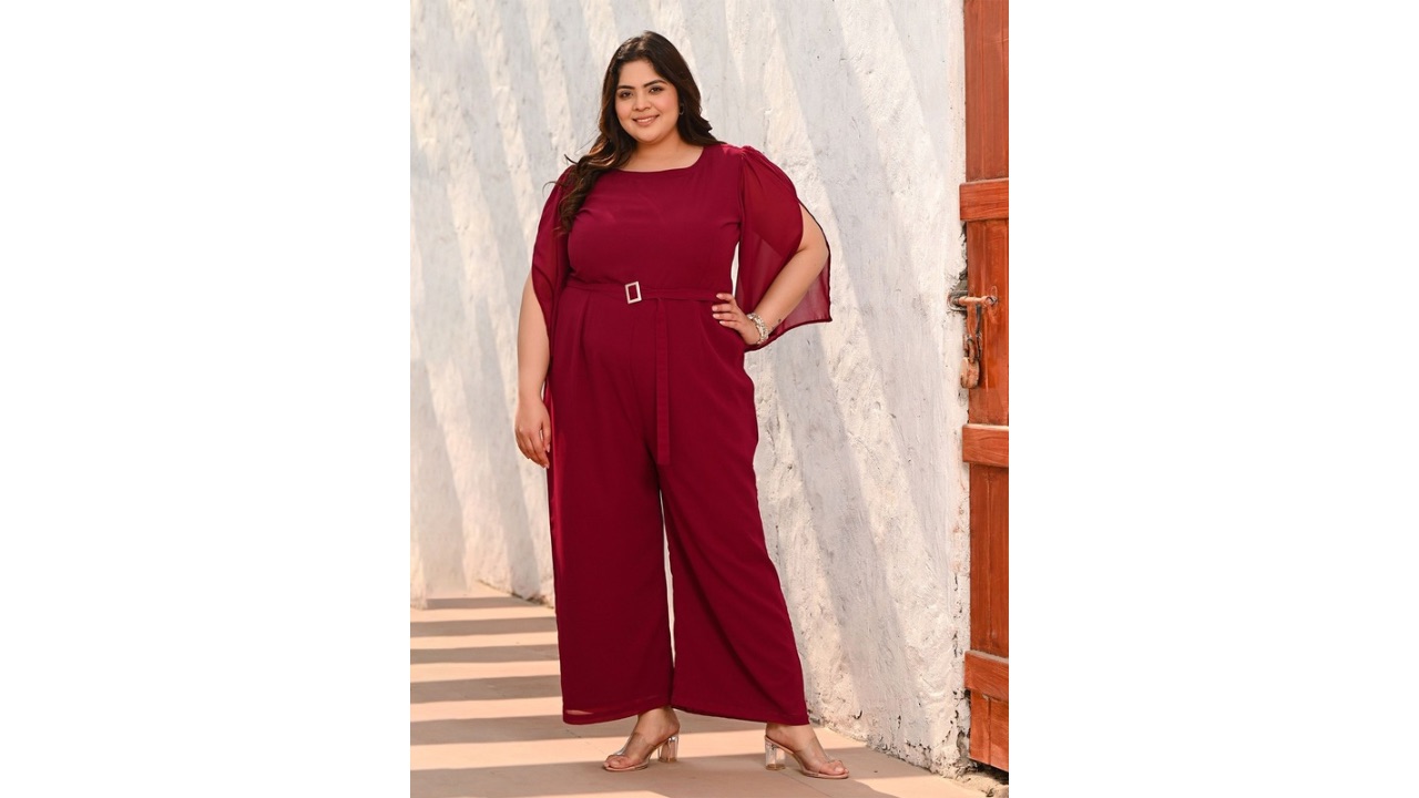 PrettyPlus by Desinoor.com Plus Size Wine Jumpsuit with Flared Slit Sleeves