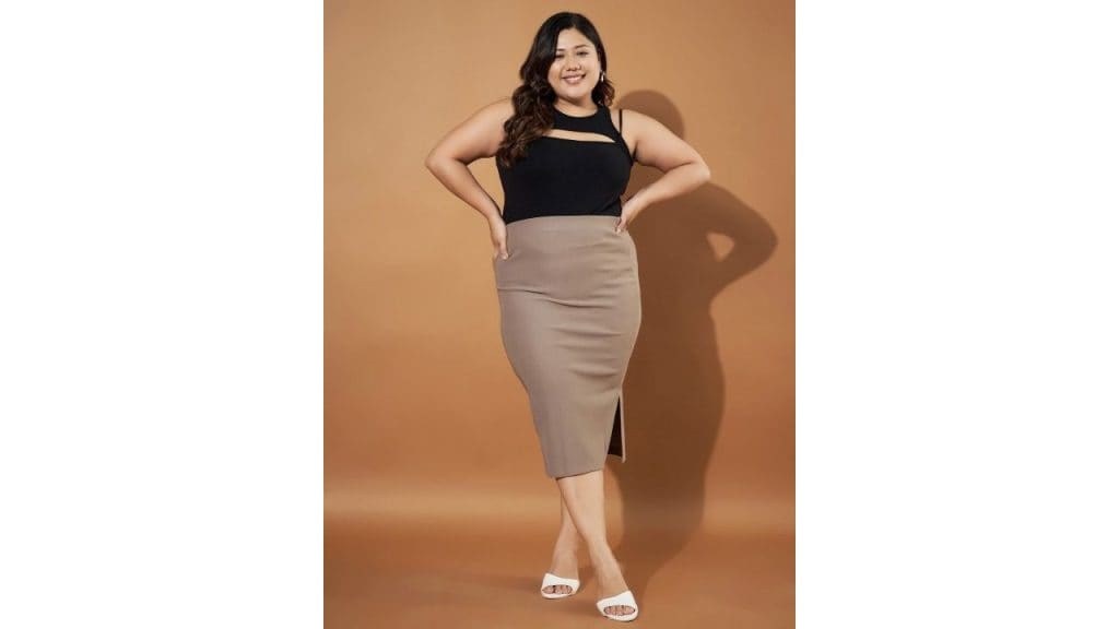 Purple Feather Ribbed Side Slit Pencil Midi Skirt