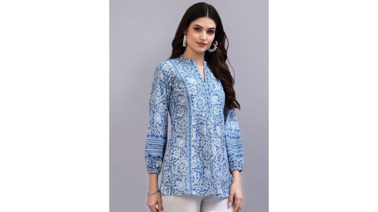 QOMN Blue Print Mandarin Collar Empire Pure Cotton Longline Top