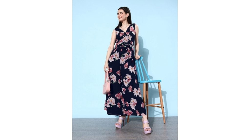 QUIERO Women Navy Blue & Pink Floral Printed Flared Jumpsuit