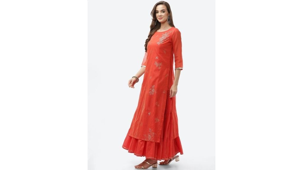Red Floral Layered A-Line Dress: Festive with Flair