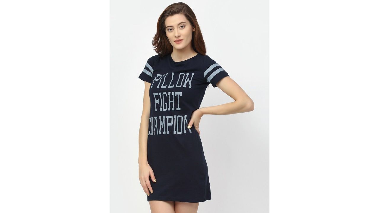 Rigo Women Navy Blue Printed Cotton Nightdress