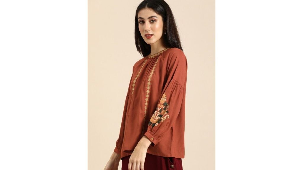 Routes by All About You Brown & Green Floral Embroidered Boxy Top