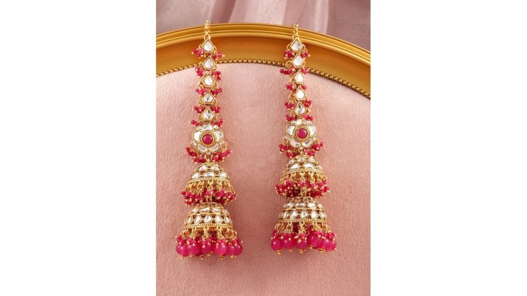 Rubans22K Gold-Plated Long Full-Ear Covering Triple-Layer Jhumka with Kundan & Pink Beads