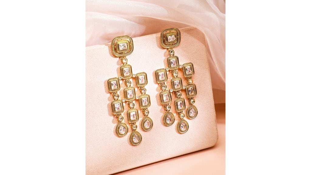 Rubans22K Gold Plated Zirconia Studded Antique Light Gold-Tone Premium Chandelier Earring